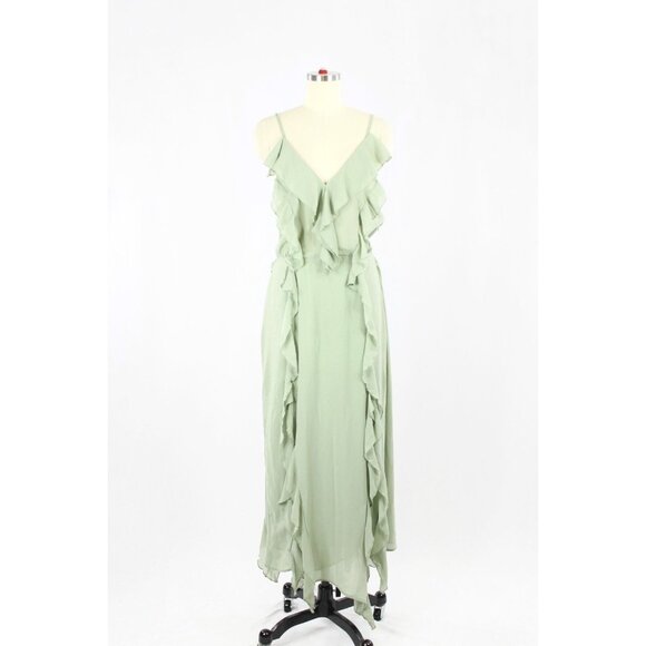 NWT ZARA Sea Green Chiffon Ruffle Cascading Long V-Neck Maxi Dress, Size L - Picture 1 of 15
